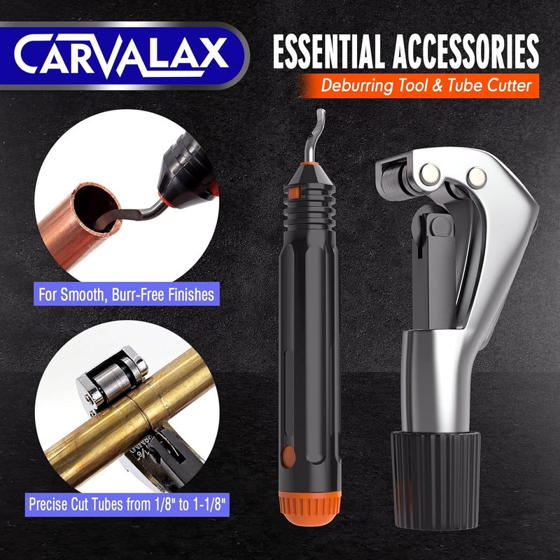 CARVALAX طقم تشكيل دقيق بزاوية 45° مع مشابك متريّة وإمبراطورية (2 مشبك) لماسورة 6-19 مم و 1/4"-3/4"، يتضمن قاطع، أداة إزالة الحواف وحقيبة صلبة لإصلاح أنظمة التكييف والتبريد - Image 5